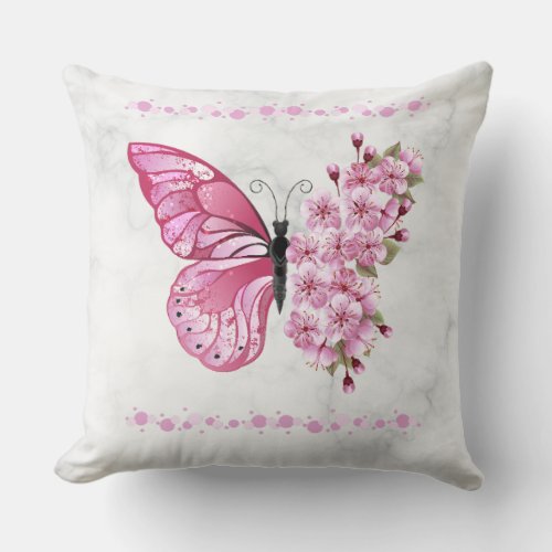 Pink Cute Half Butterfly Flower Blossom Rose  Throw Pillow
