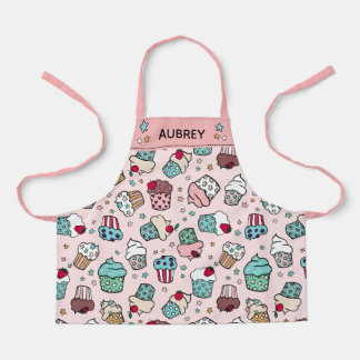 Pink Cute Hand Drawn Cupcake Pattern Add Name Apron