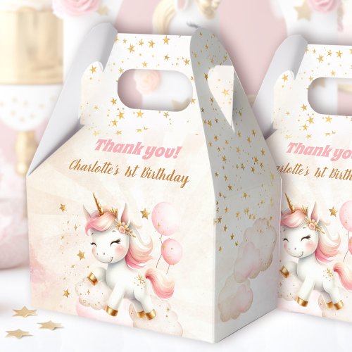 Pink Cute Happy Unicorn Girl 1st Birthday Favor Boxes