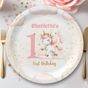 Pink Cute Happy Unicorn Girl 1st Birthday Paper Plates