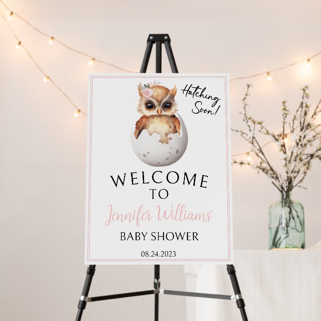 Pink cute hatching owl baby shower welcome sign (In Situ (Stand))