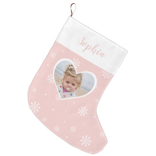 Pink Cute Heart Snowflakes Christmas Custom Photo Large Christmas Stocking