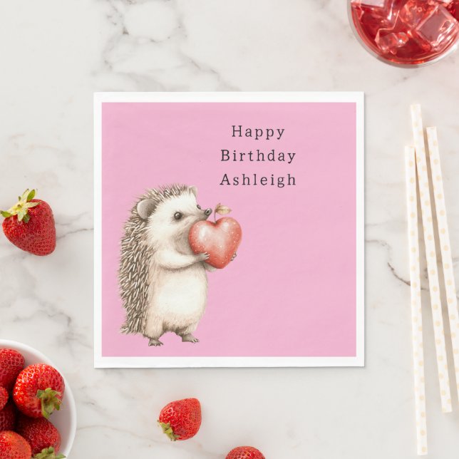 Pink Cute Hedgehog Heart Animal Birthday Napkins (Insitu)