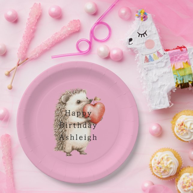 Pink Cute Hedgehog Heart Animal Birthday Paper Plates (Party)