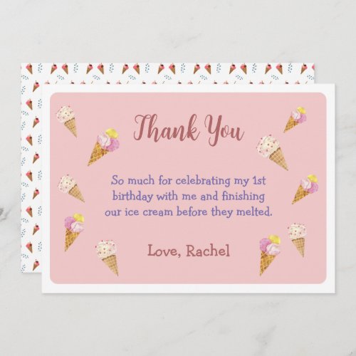 Pink Cute Ice Cream Cone Party Girl Birthday Thank You Card
