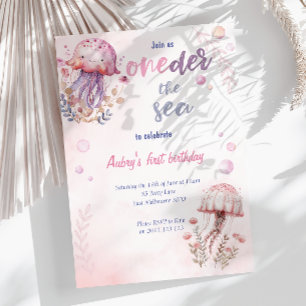 Pink Cute Jellyfish Oneder The Sea 1st Birthday Invitation