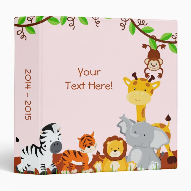 Pink Cute Jungle Baby Animal Photo Album 3 Ring Binder (Front/Spine)
