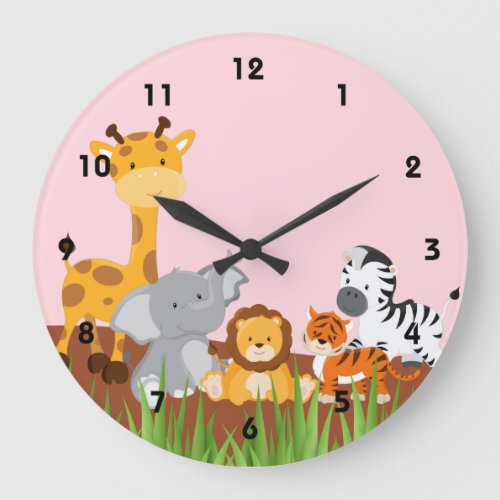 Pink Cute Jungle Baby Animals Wall Clocks