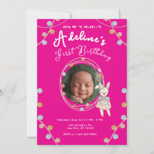 Pink cute kids birthday invitation