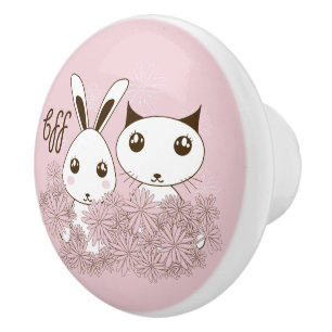 Pink Cute Kitten and Bunny Animal Friends Kids Ceramic Knob