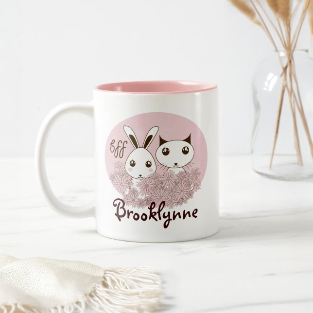 Pink Cute Kitten Bunny Animal Friends Girls Kids Two-Tone Coffee Mug (Creator Uploaded)