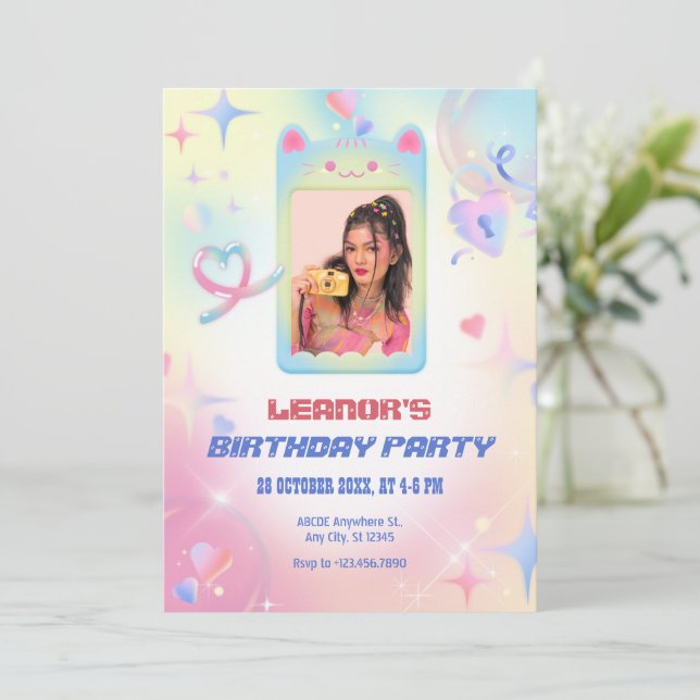 Pink cute kitten photo frame y2k birthday invitation (Standing Front)