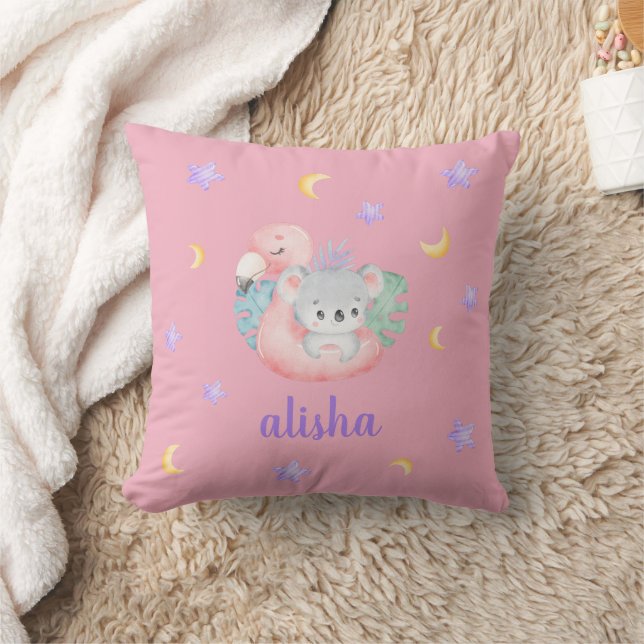 Pink Cute Koala Kids Gift Personalized Name  Throw Pillow (Blanket)