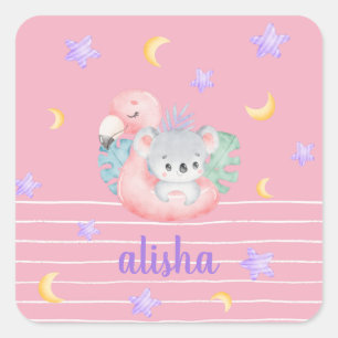 Pink Cute Koala Kids Personalized Name Square Sticker
