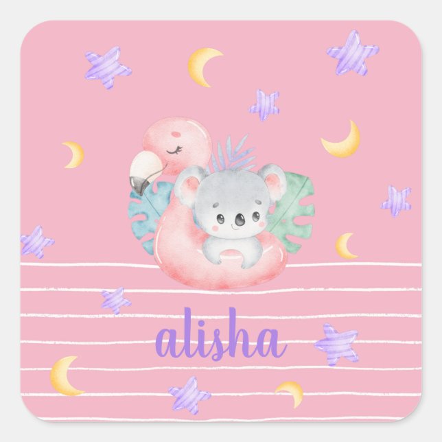 Pink Cute Koala Kids Personalized Name Square Sticker (Front)