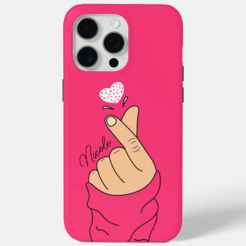 Pink Cute Korean Finger Love Heart Sign Light Skin iPhone 15 Pro Max Case