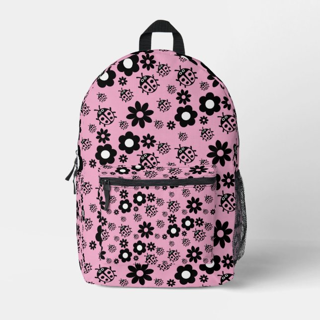Pink Cute Ladybug Kids Printed Backpack (Front)