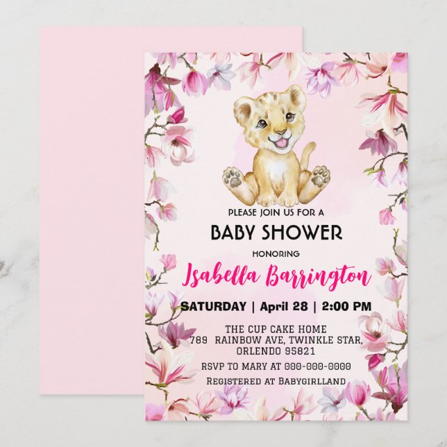 Pink Cute Lion cub wild flowers baby shower kids Invitation (Front/Back)