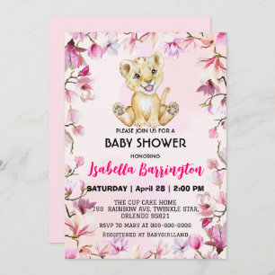 Pink Cute Lion cub wild flowers baby shower kids Invitation
