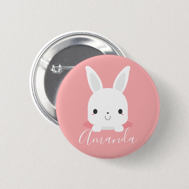 Pink Cute Little Bunny Rabbit with Custom Name Button (Front & Back)