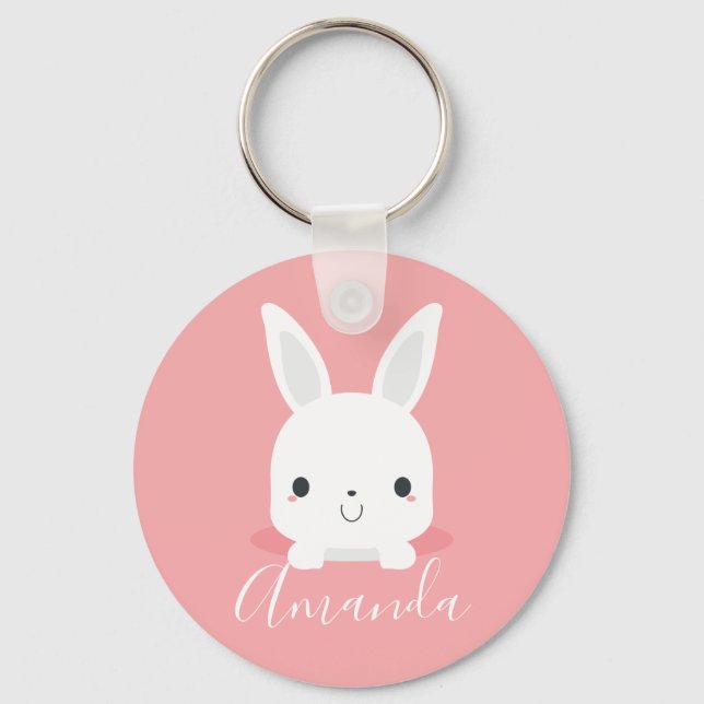 Pink Cute Little Bunny Rabbit with Custom Name Keychain (Front)