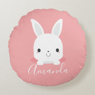 Pink Cute Little Bunny Rabbit with Custom Name  Round Pillow