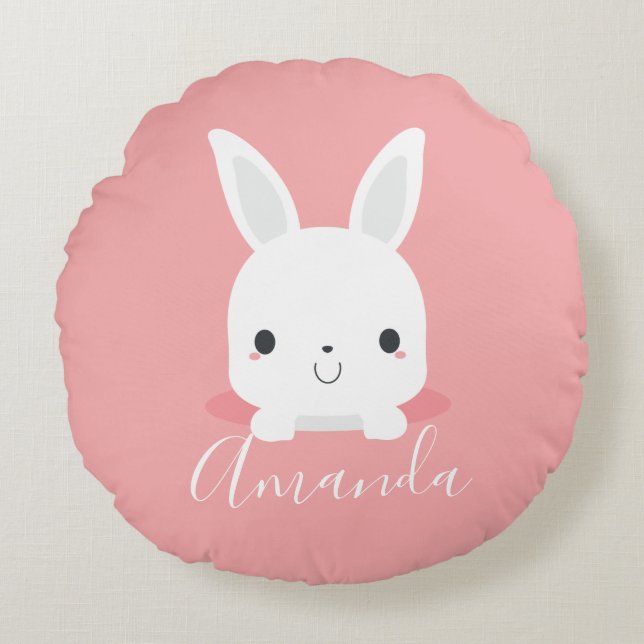 Pink Cute Little Bunny Rabbit with Custom Name  Round Pillow (Front)