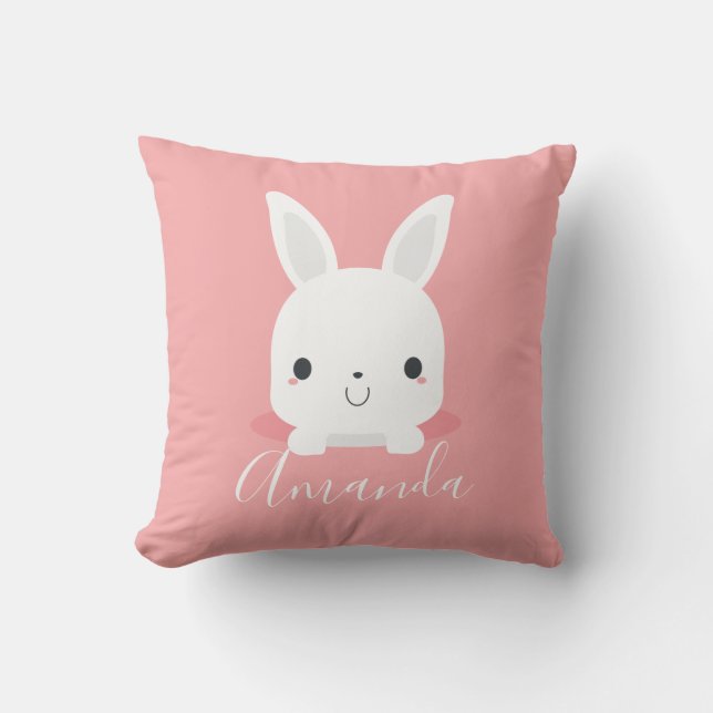 Pink Cute Little Bunny Rabbit with Custom Name Throw Pillow (Front)