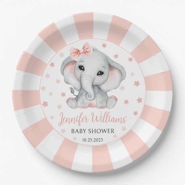 Pink cute little peanut elephant baby shower paper plates (Front)