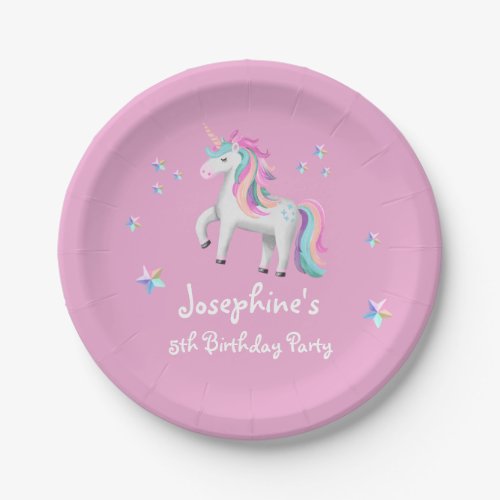 Pink Cute Magical Unicorn Kids Birthday Paper Plates