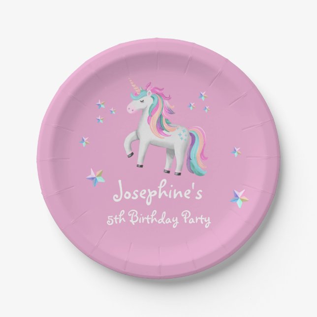 Pink Cute Magical Unicorn Kids' Birthday Paper Plates (Front)