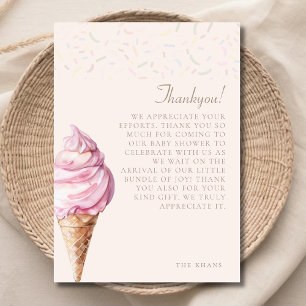 Pink Cute Minimal Watercolor Ice Cream Baby Shower Thank You Card