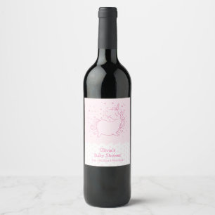 Pink Cute Modern Polka Dot Unicorn Baby Shower Wine Label