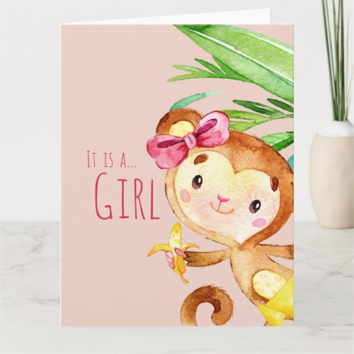 Pink Cute Monkey Baby Girl Announcement