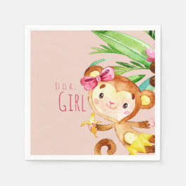 Pink Cute Monkey Baby Girl Announcement Napkins