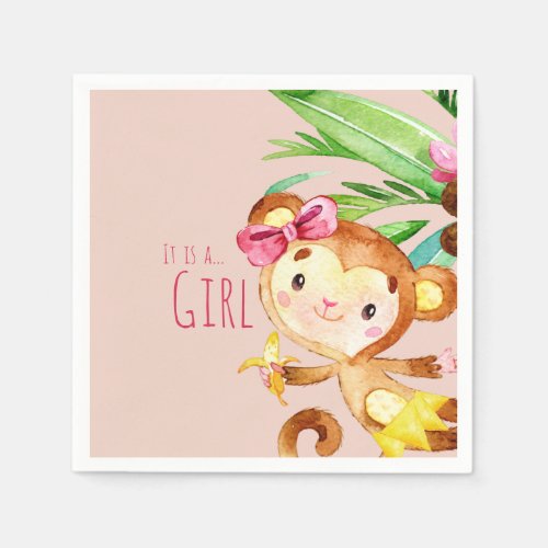 Pink Cute Monkey Baby Girl Announcement  Napkins