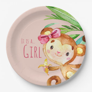 Pink Cute Monkey Baby Girl Announcement  Paper Plates