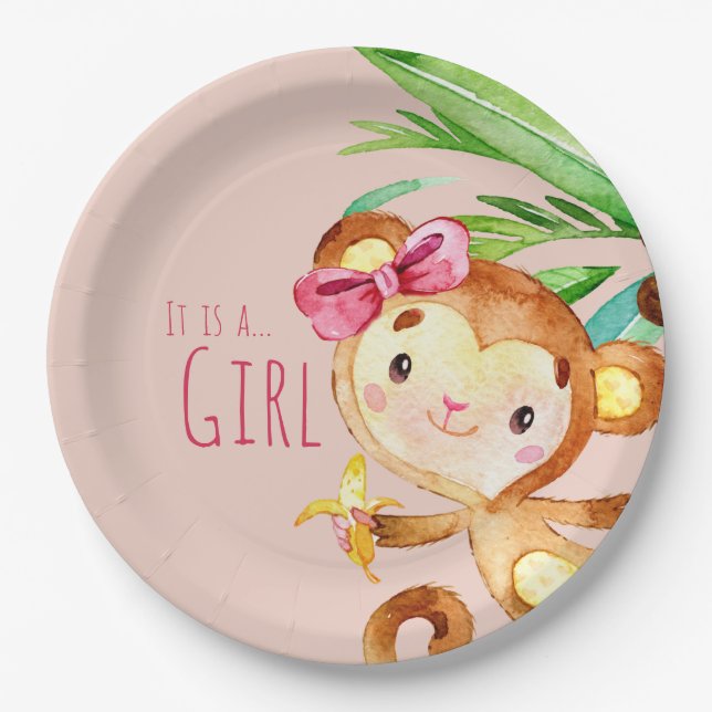 Pink Cute Monkey Baby Girl Announcement  Paper Plates (Front)