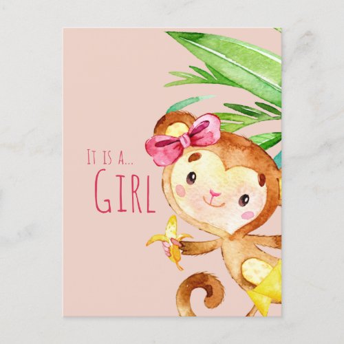 Pink Cute Monkey Baby Girl Announcement Postcard