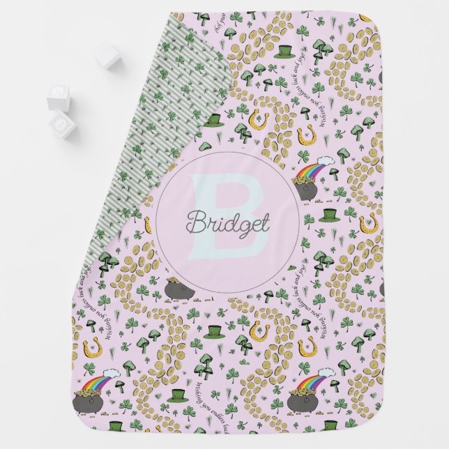 Pink Cute n' Curvy Shamrocks Baby Name St Patricks Baby Blanket (In Situ)