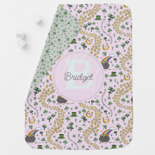 Pink Cute n' Curvy Shamrocks Baby Name St Patricks Blanket