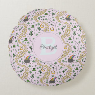 Pink Cute n' Curvy Shamrocks Baby Name St Patricks Round Pillow