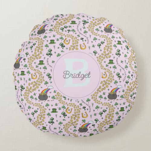 Pink Cute n Curvy Shamrocks Baby Name St Patricks Round Pillow