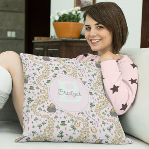 Pink Cute n' Curvy Shamrocks Baby Name St Patricks Throw Pillow