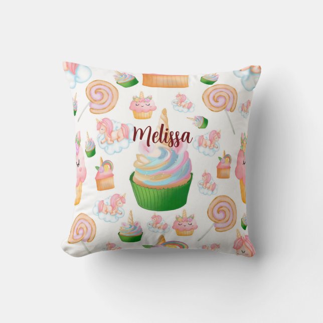 Pink Cute Name Personalized Cupcake Unicorn Throw Pillow (Front)