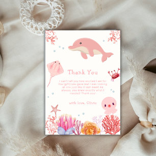 Pink Cute Ocean Dolphin Girl Baby Shower  Thank You Card