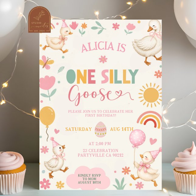 Pink Cute ONE Silly Goose birthday invitation (Creator Uploaded)