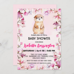 Pink Cute Otter cub wild flowers baby shower kids Invitation