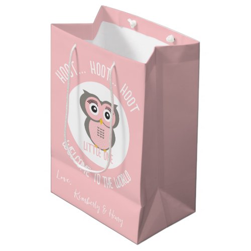 Pink Cute Owl Hoot Hoot Welcome to the World  Medium Gift Bag