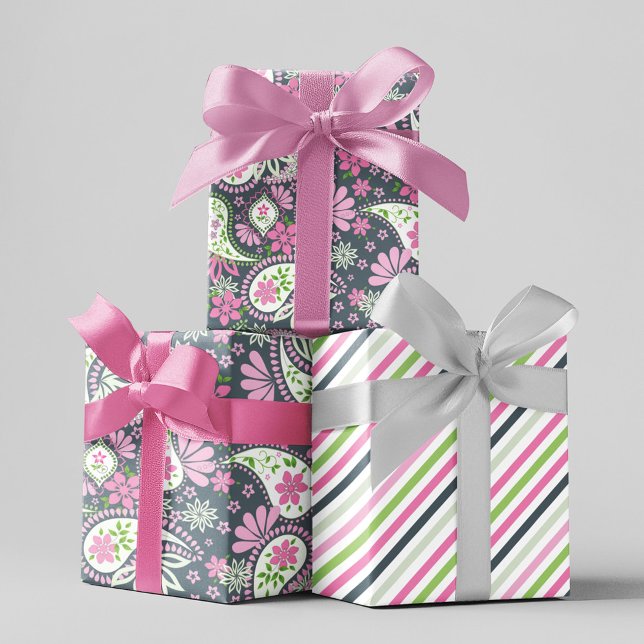 Pink Cute Paisley Print Modern Pattern Wrapping Paper Sheets (Cute grey paisley print wrapping paper set)